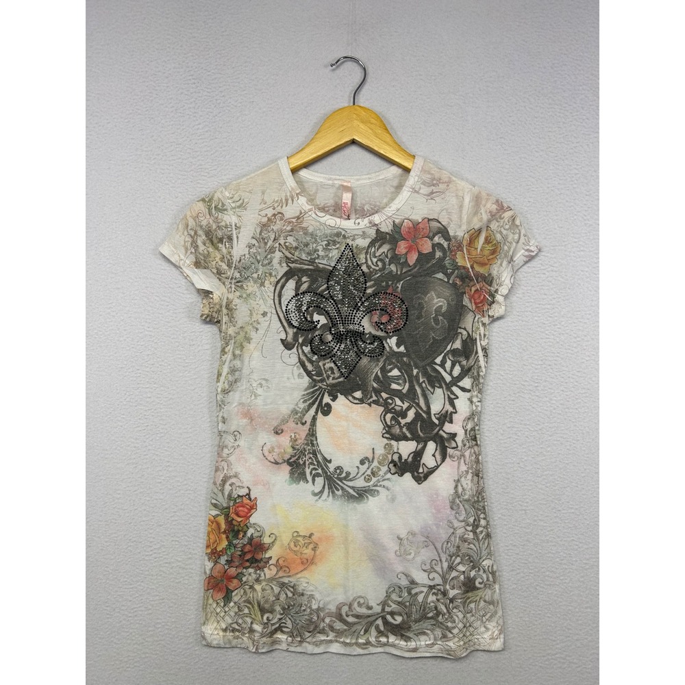 Y2K McBling Hot Choco Women Medium White Fleur De Lis Rhinestone Graphic Tee